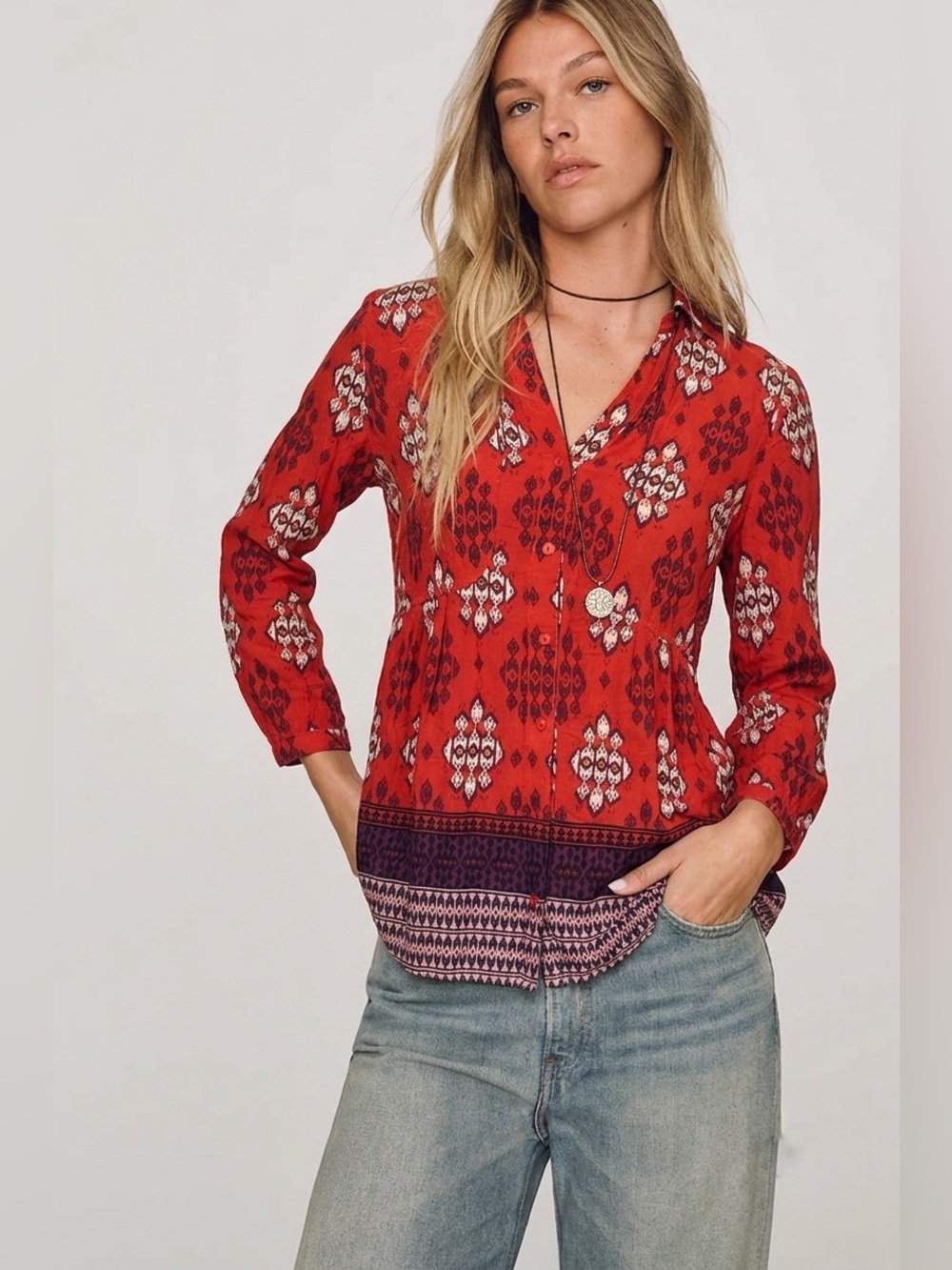 MAEVE Women’s Woodland Walk Geometric Print Long Sleeve Shirt - Red, Sz 2
